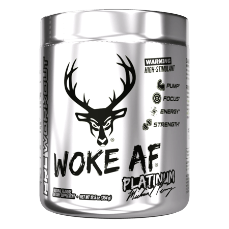 A tub of Woke AF Pre-Workout Platinum Mike Perry.